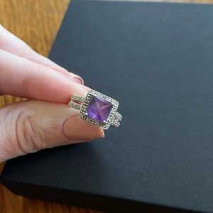 14k White Gold Purple Stone Ring with Real Diamond Flecks